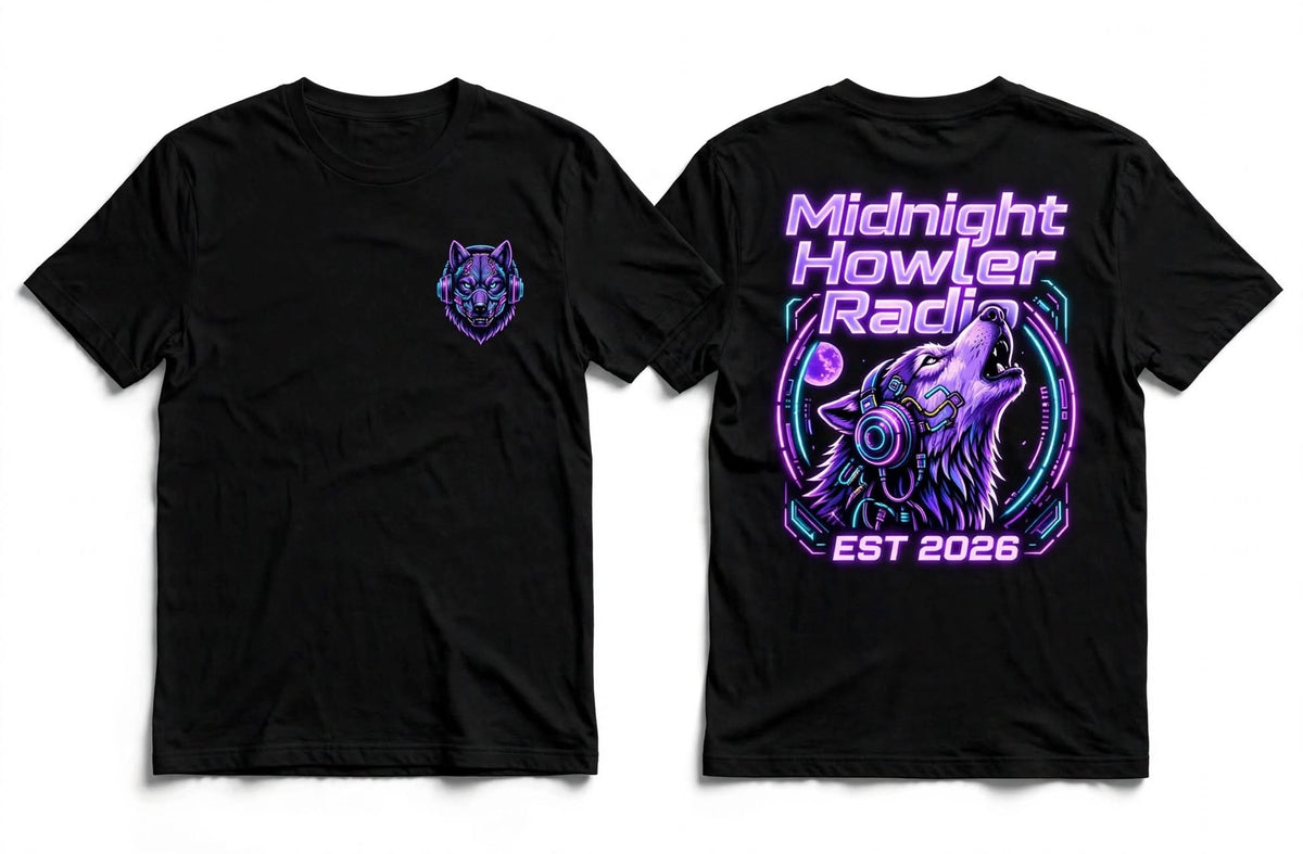 Midnight Howler Radio - Neon Cyber Wolf Tee EST 2026